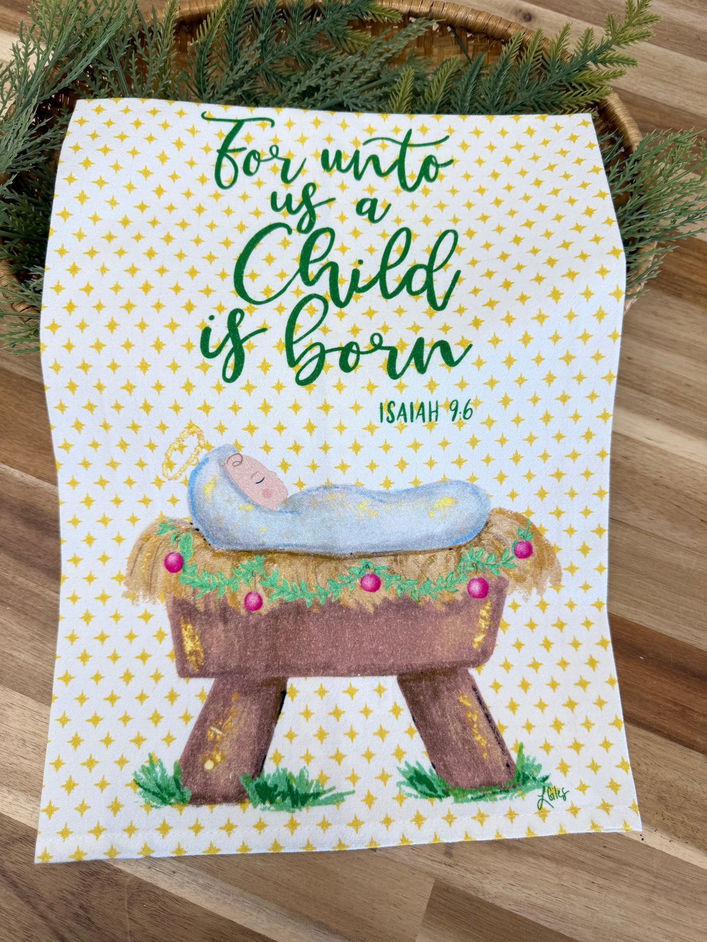 For Unto Us A Child is born tea towel