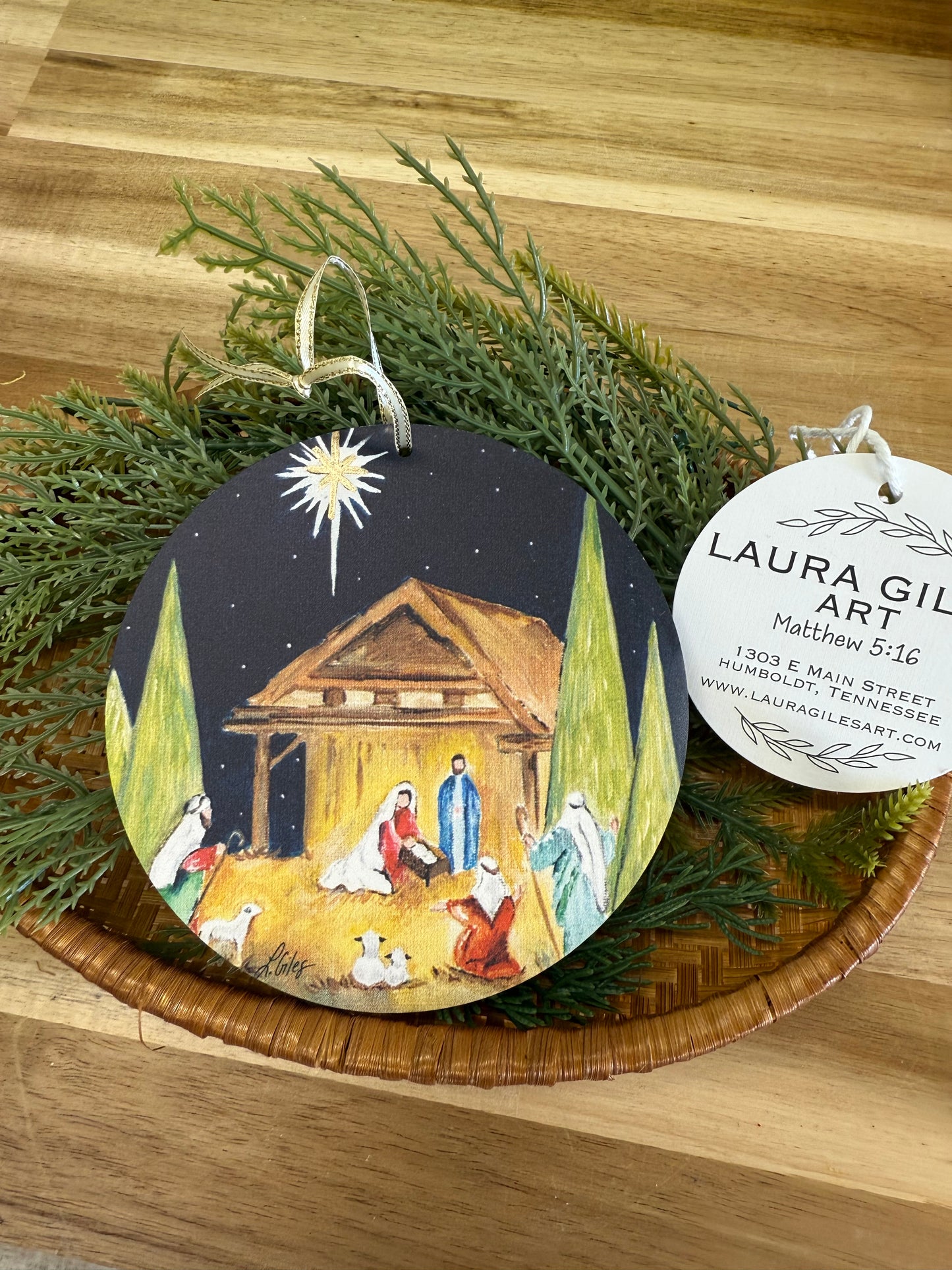 Navy Nativity Wood Ornament