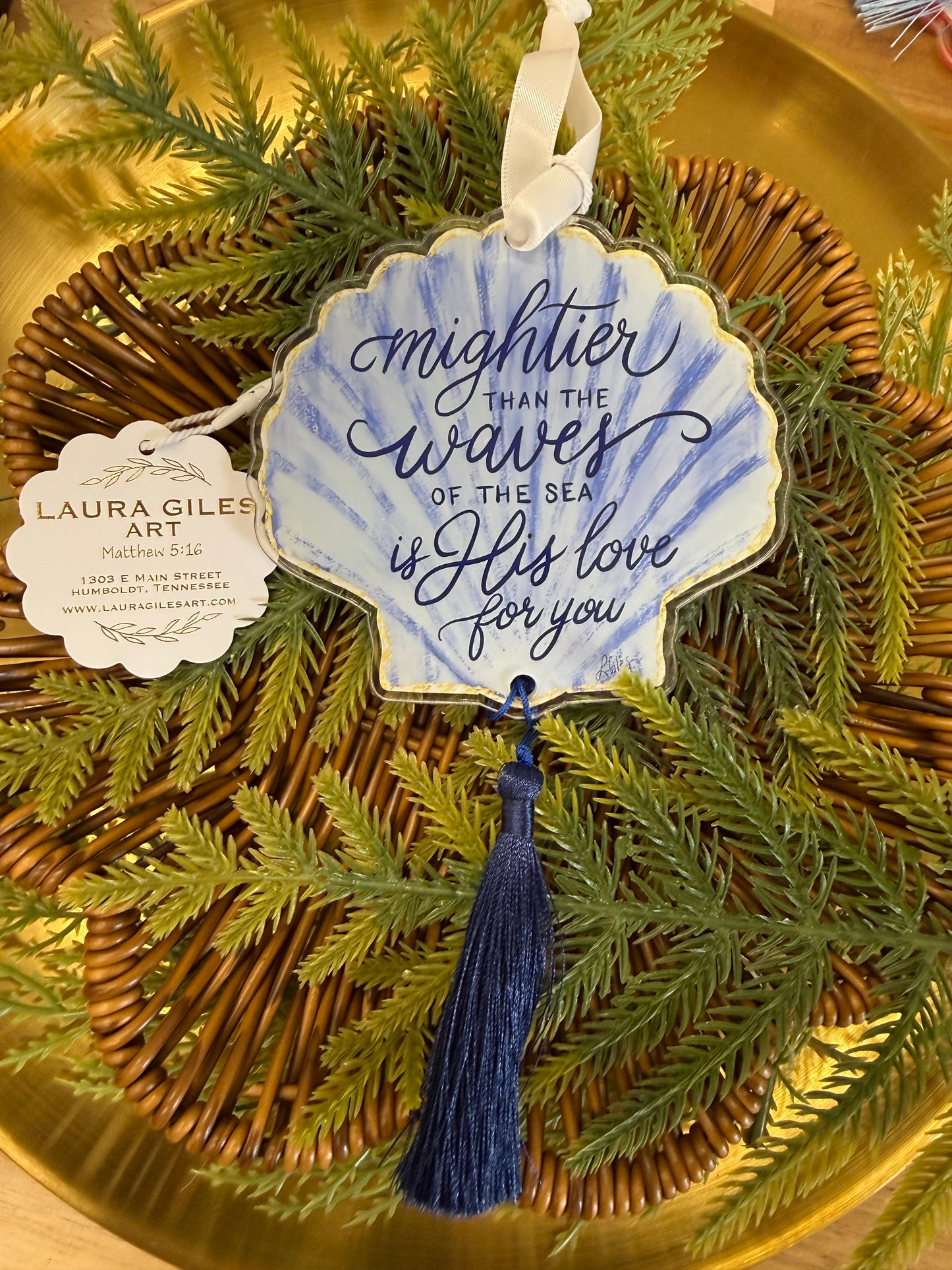 Seashell Ornament- Mightier than the Waves 4" acrylic ornament