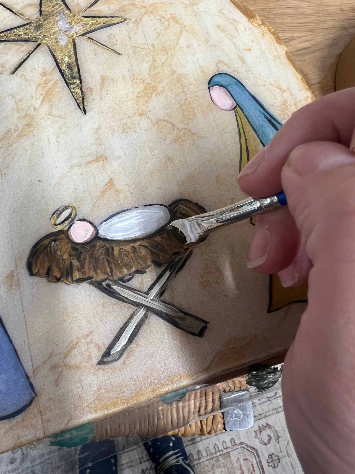 Wood Nativity Set Hand Embellished with Resin