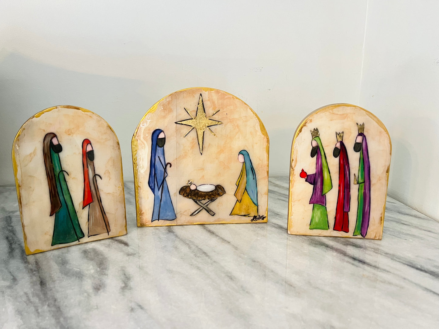 Wood Nativity Set Hand Embellished with Resin