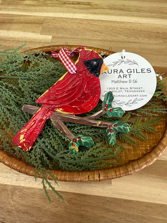 Red bird wood cutout Ornament - Hand painted Handpainted Oyster Shell Baby Jesus (Pre-Order for mid November)