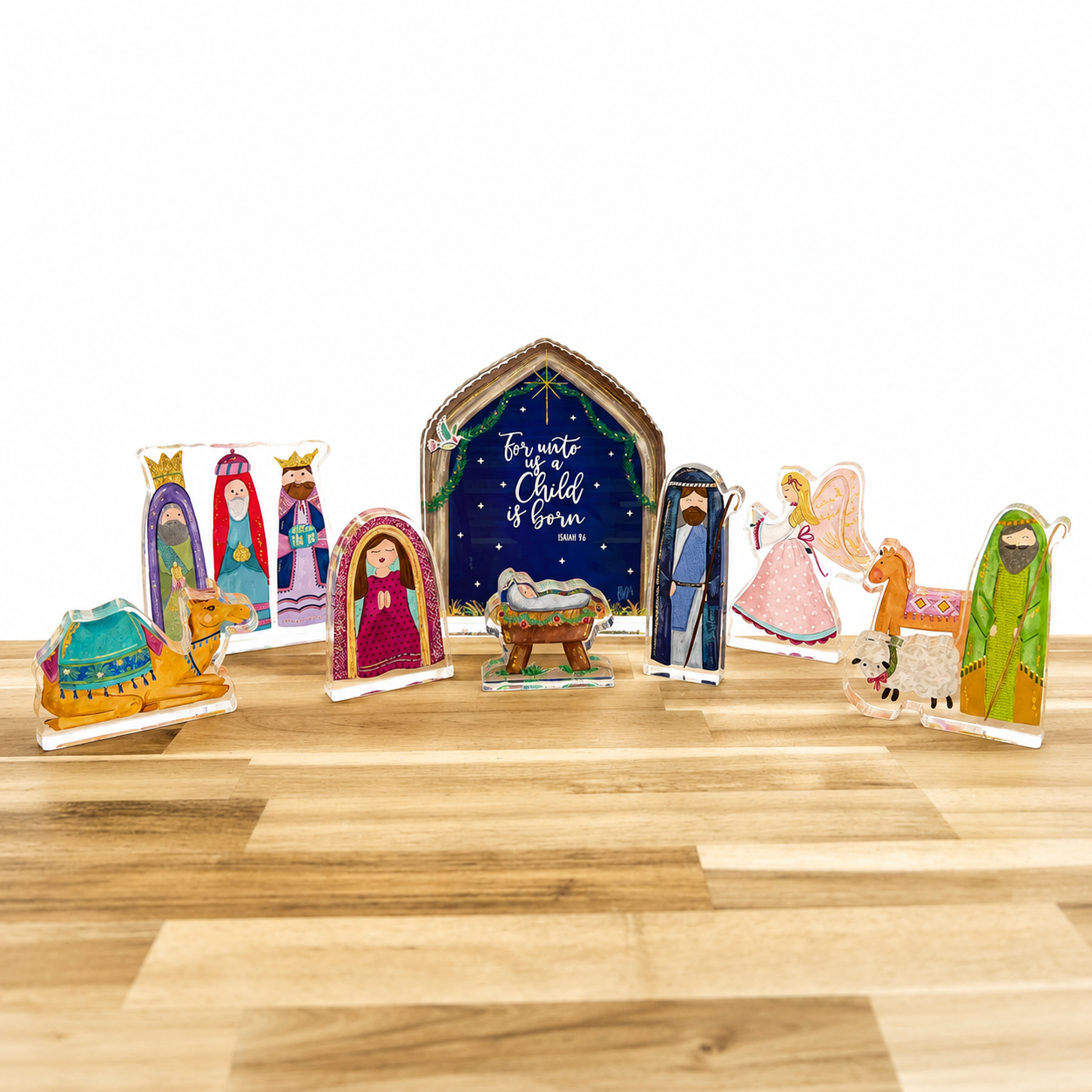 NEW! Small NINE PIECE "For Unto Us" Acrylic Nativity Set