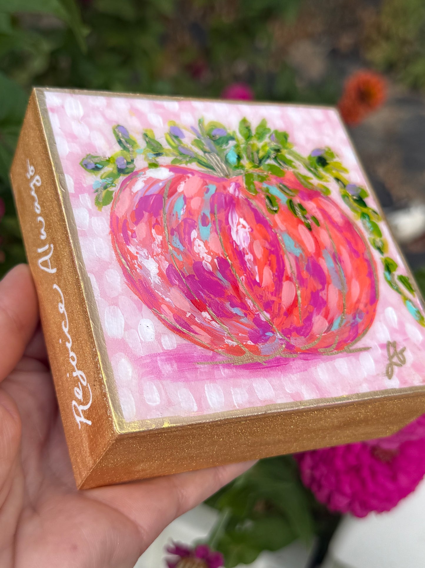 4x4 Rejoice Always Hand-Painted Wood Resin Block