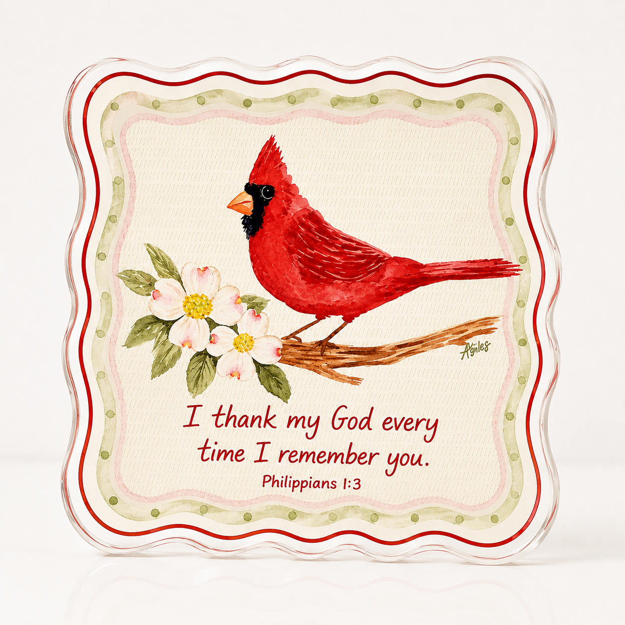 Philippians 1:3 Red Bird Cardinal Acrylic Scripture Block