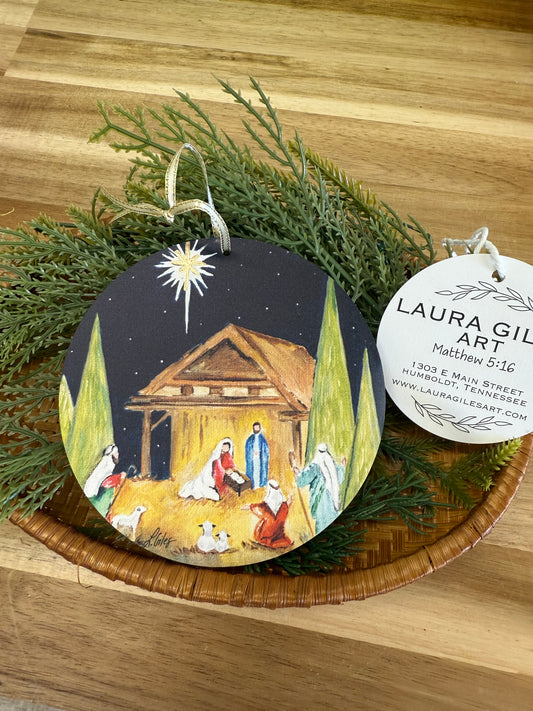 Navy Nativity Wood Ornament