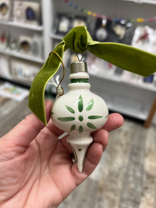 Small Green & White hand painted ceramic ornament