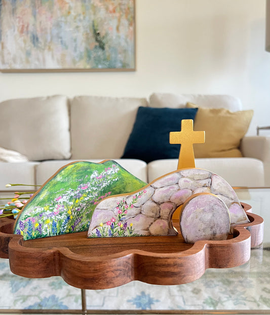 Hand Embellished 4 Piece Easter Resurrection Set Empty Tomb Wood display