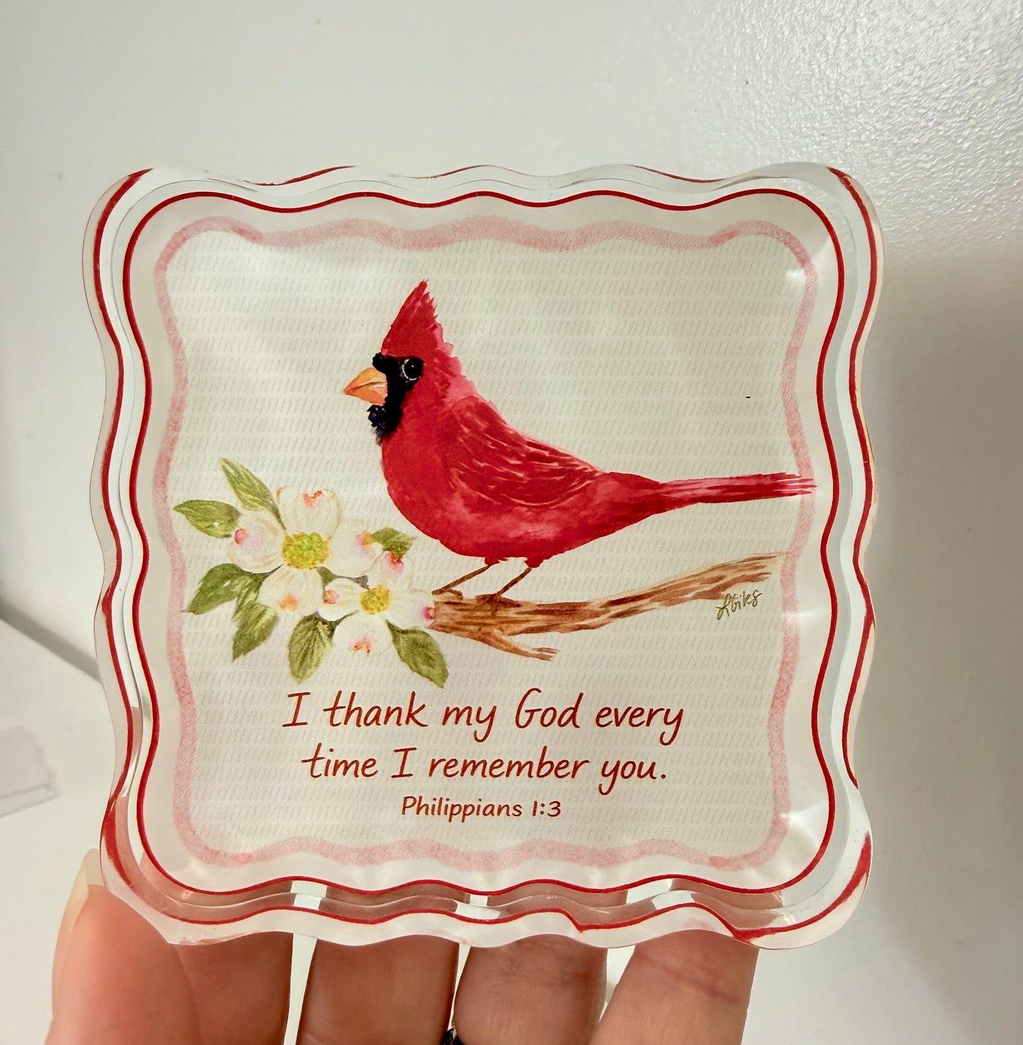 Philippians 1:3 Red Bird Cardinal Acrylic Scripture Block