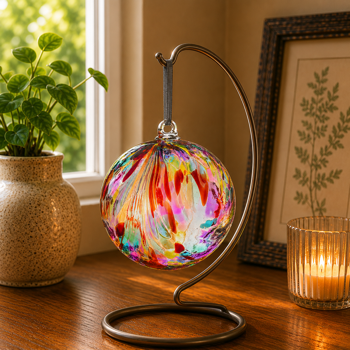 Sienna Glass - 10cm Friendship Ball - Feather Design - Multicoloured